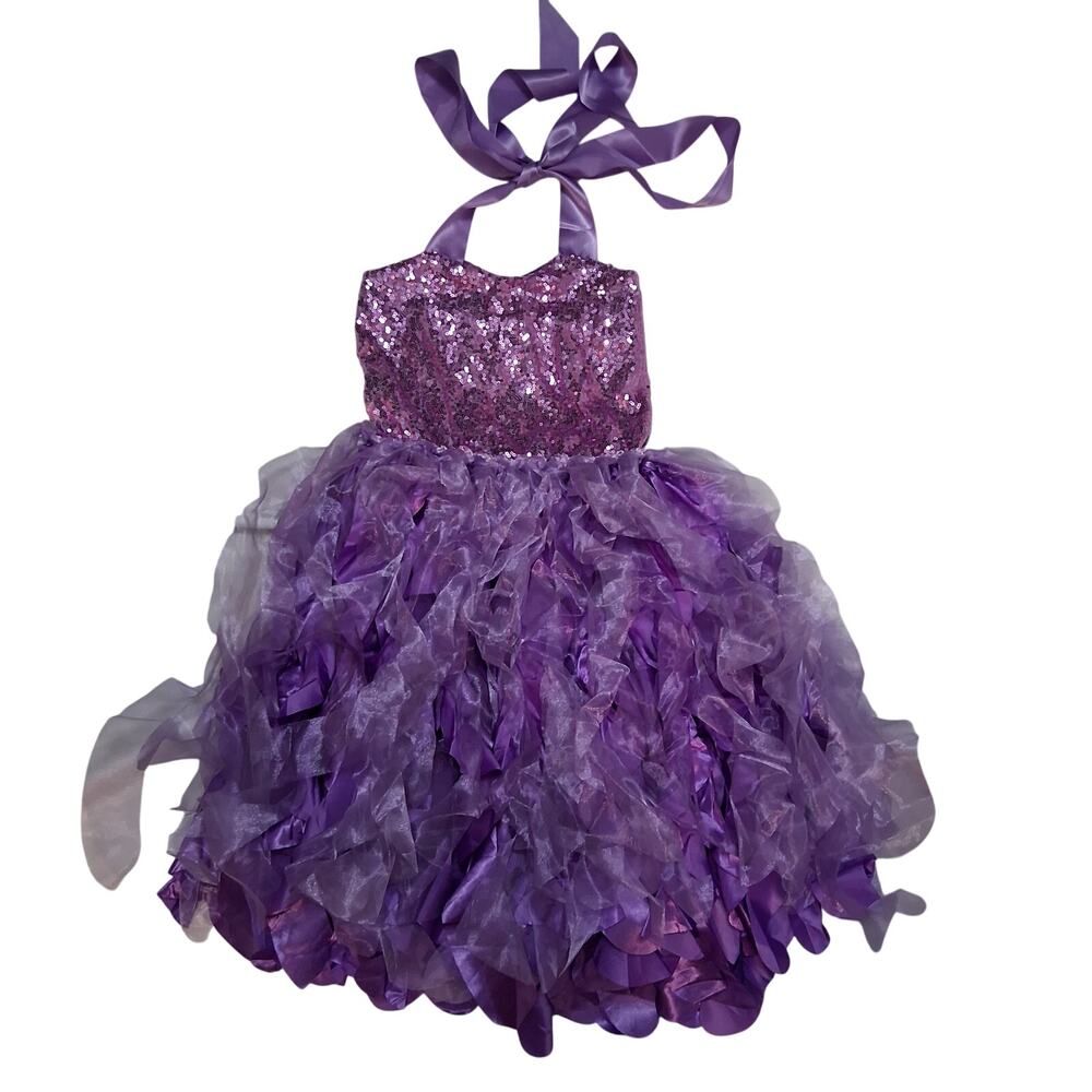Sequin Girl Halter Mesh Fringe Party Halloween Costume Princess Disney Dance-10T